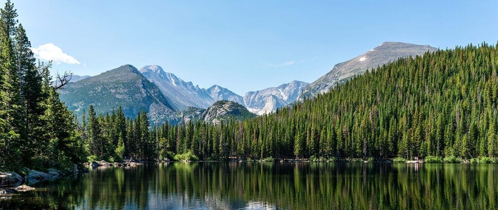 Longs Peak and Glacier Gorge reflecting in blue Bear Lake on a calm Summer morning, Rocky Mountain National Park, Colorado, USA.