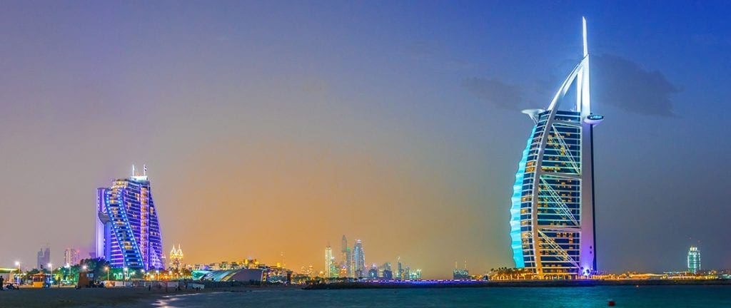 Dubai eveining skyline with Burj Al Arab