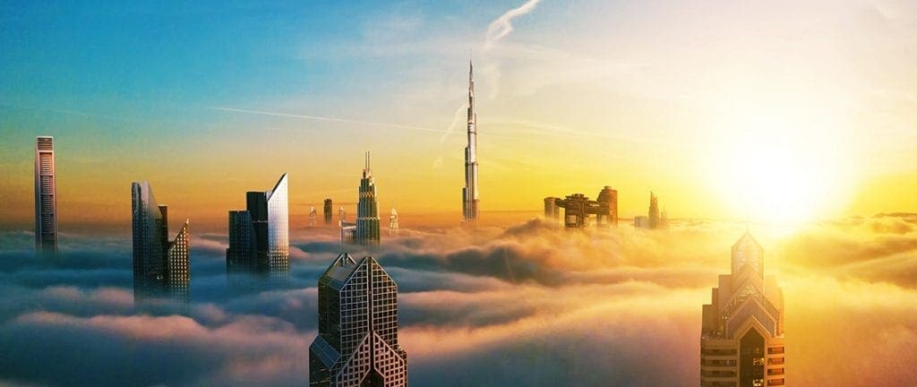 Cloudy skyscrapers with Burj Khalifa dominating the sky