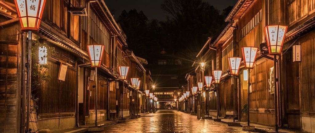 Lanterns and street at night in Higashi Chayagai, Kanazawa, Japan.