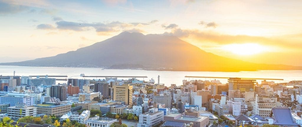 Kagoshima city landscape with Sakurajima volcano