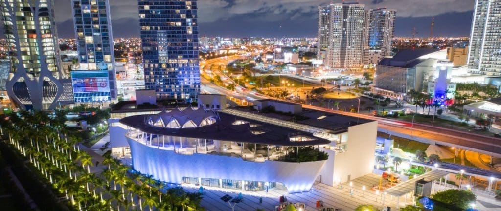 Frost Museum of Science in Miami Downtown at night
