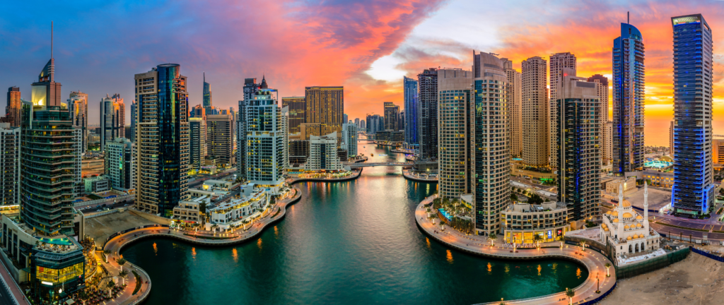 Dubai Marina skyline in sunset