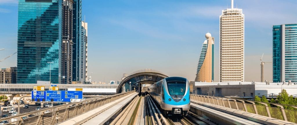 Metro train on the Red line in Dubai