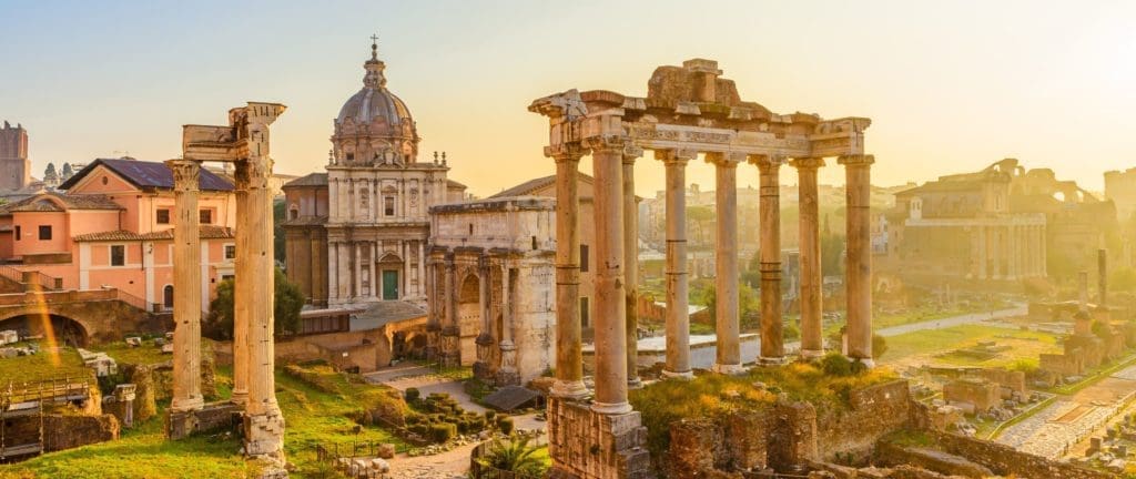 Roman Forum in Rome, Italy with ancient buildings and landmarks