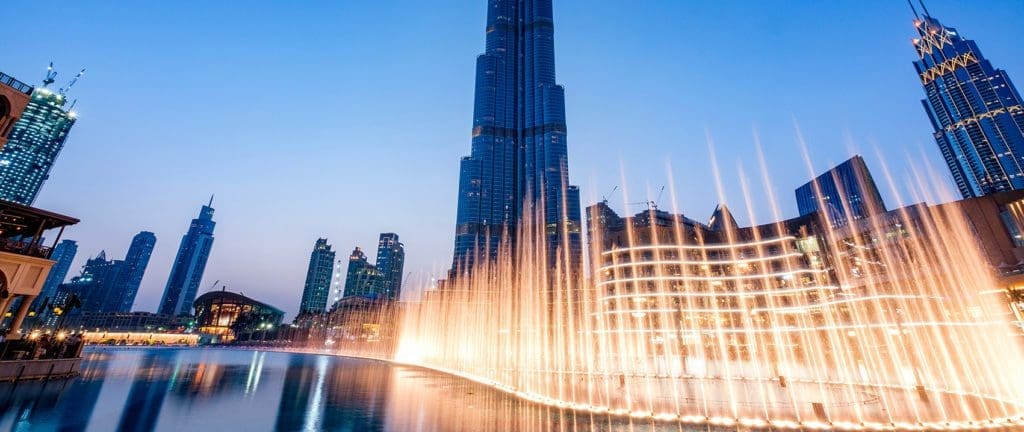 Dubai fountain show with Burj Khalifa tower in the background