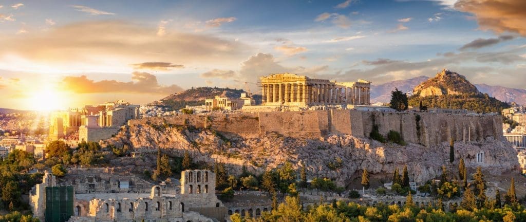Sunset over the Acropolis of Athens with the Parthenon Temple