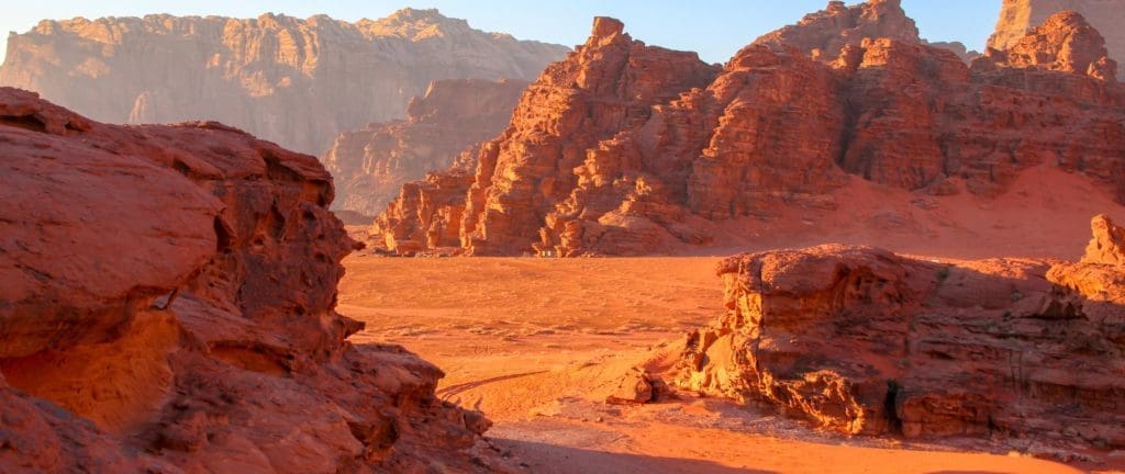 Wadi Rum Desert with blue sky at sunset in Jordan.