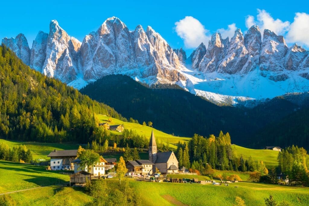 Beautiful sunset in Santa Maddalena village, Dolomites