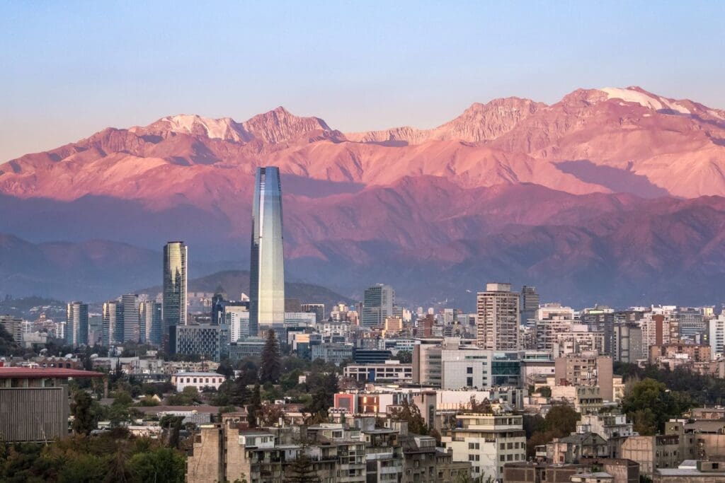 Aaerial view of Santiago skyline at sunset with Andes Mountains - Santiago, Chile