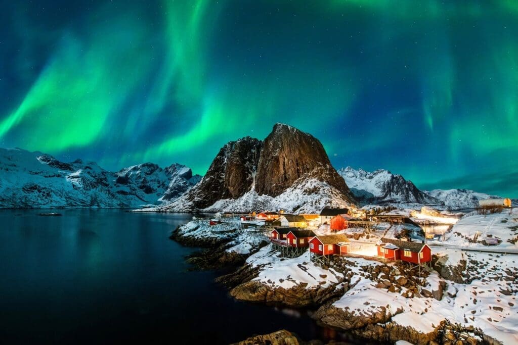 Aurora borealis over Hamnoy in Norway