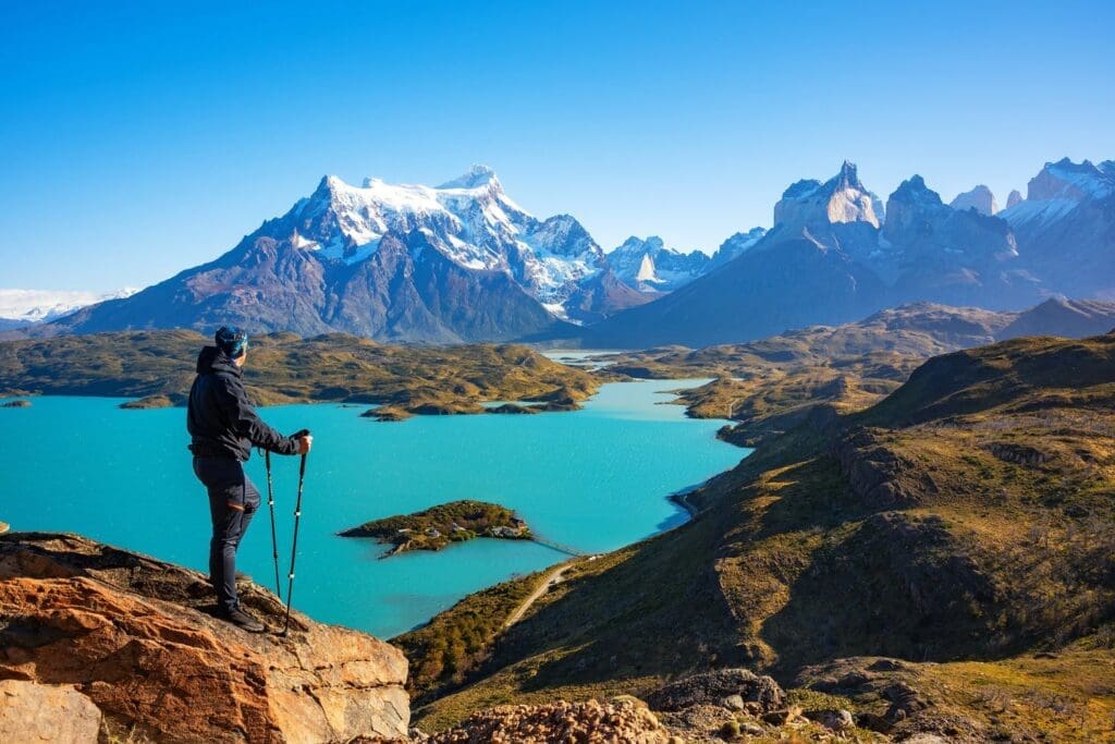 Los Cuernos rocks and Lake Pehoe in Torres del Paine national park