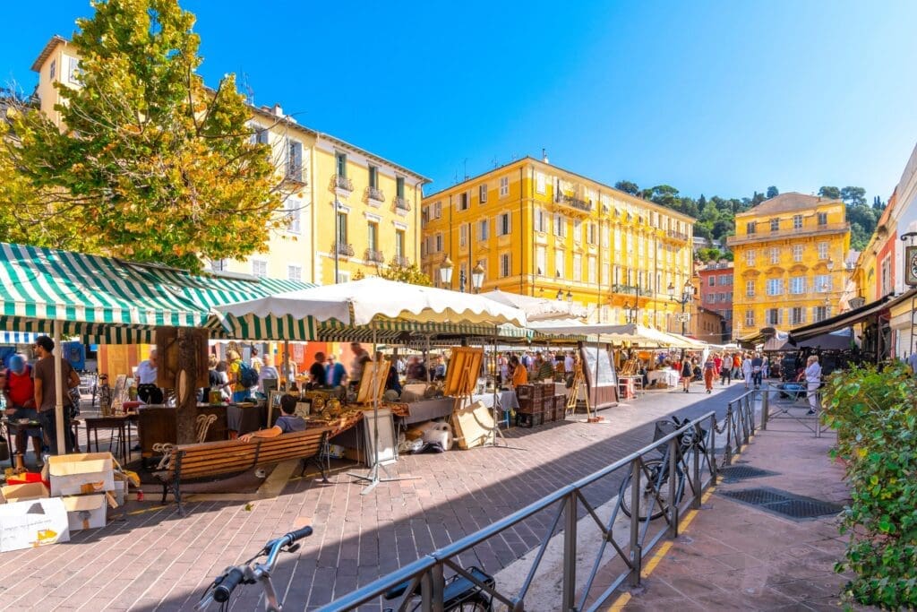 The colorful Cours Saleya outdoor market in the Vieux Nice old town area of Nice